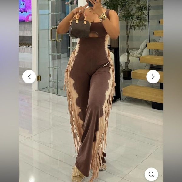 Loragal Pants & Jumpsuits | U Neck Cutout Wide Leg Side Fringed Sleeveless Jumpsuit-Brown/Tan | Color: Brown/Tan | Size: M