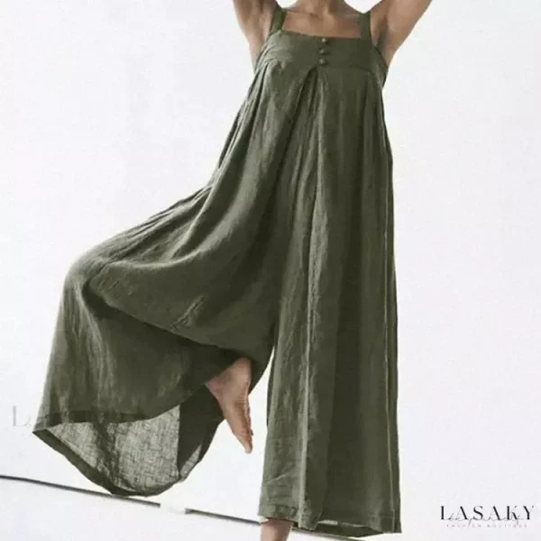 Lasaky - Pure Cotton and Linen Overall Jumpsuit - army green, XL