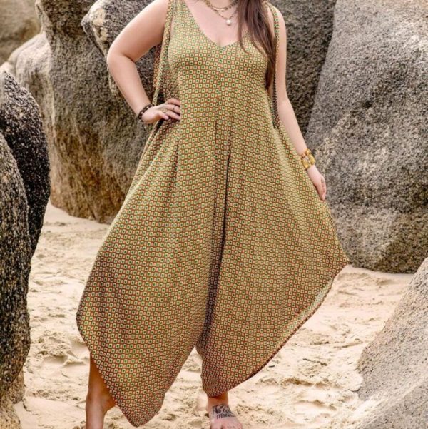 New Plus Sz Geo Print Asymmetrical Hem Jumpsuit | Color: Brown/Tan | Size: Various