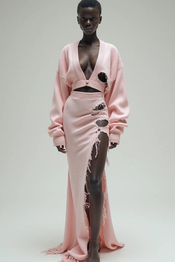 Frayed Cutout Cardigan Dress Set