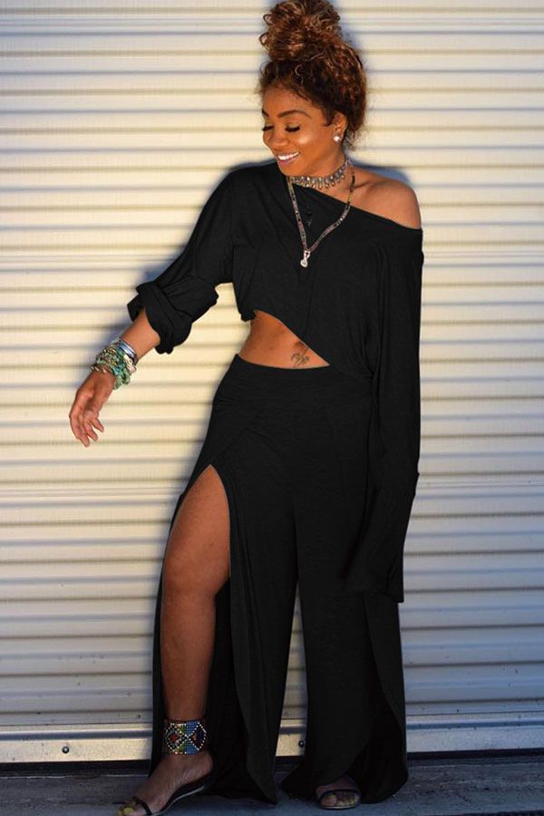Sexy Fashion Split Solid Patchwork Loose Two-Piece Pants Set - InStyleBuy