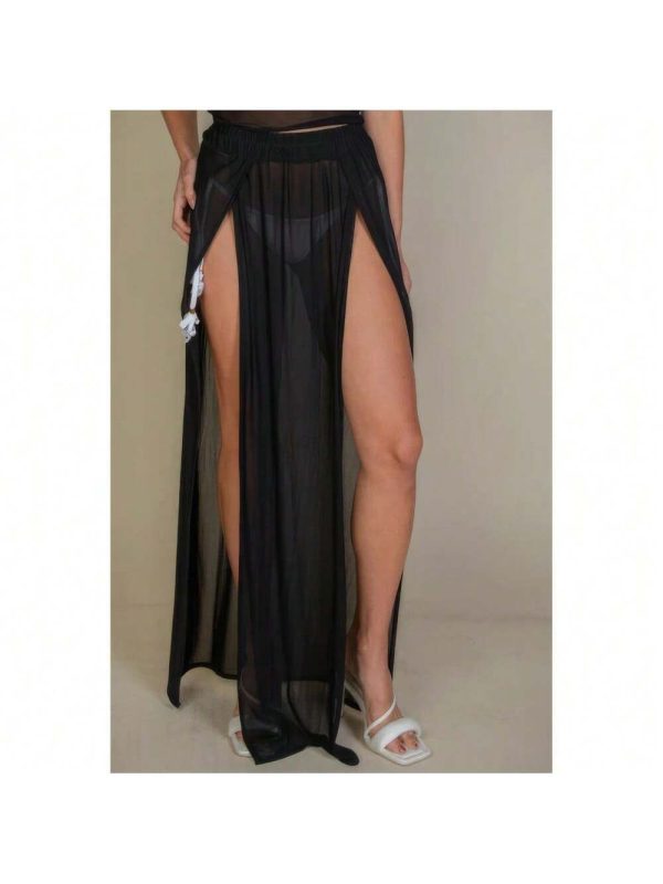 High Split Mesh Sheer Maxi Skirt - Black/White - S, M, L - Soft Stretch Fabric, Elegant Design For Formal Events, Casual Outings, Or Night Wear