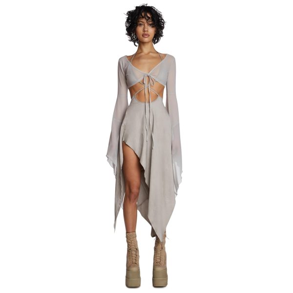 Dolls Kill Echo Asymmetrical Mesh Wrap Dress by Darker WAVS – Semi-Sheer Chiffon and Jersey Dress with Bell Sleeves