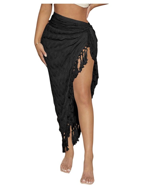 Verdusa Women's Twist High Split Fringe Skirt High Waist Asymmetrical Long Skirt