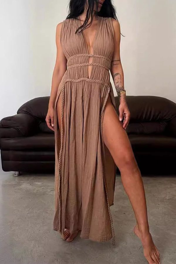 Sexy Bohemian Solid Slit V Neck Beach Dresses(3 Colors) - Dark Brown / One Size