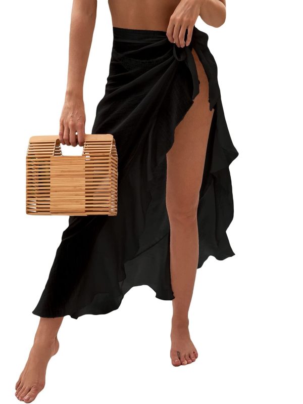 OYOANGLE Women's Mesh Sheer Swimsuit Cover Up Ruffle Tie Side Beach Sarong Wrap Long Skirt