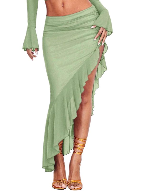 AGECODE Women's High Waisted Asymmetrical Ruched Mesh Flowy Ruffle Trim Midi Long Skirt