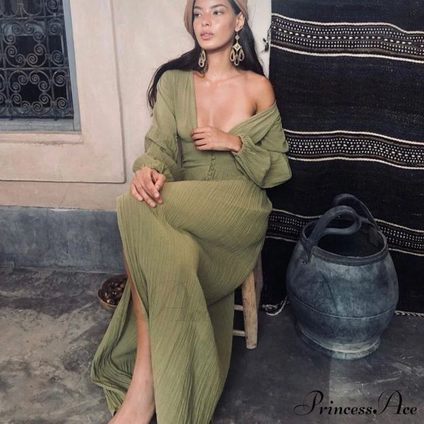 Romance V Neck Single-breasted Long Sleeve Maxi Dress - Green S