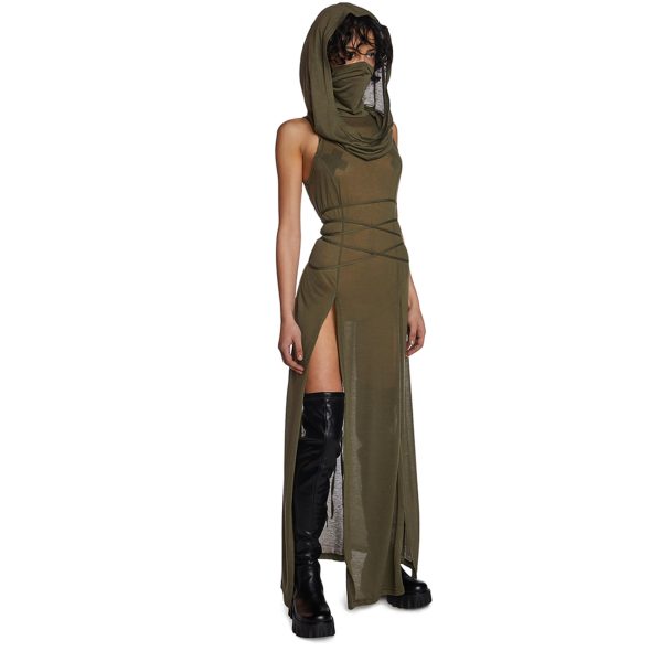 Dolls Kill Echo Hooded Slit Maxi Dress by Darker WAVS - Semi-Sheer Marled Jersey Dress with Draped Hood for Edgy Fashion - Green, Large