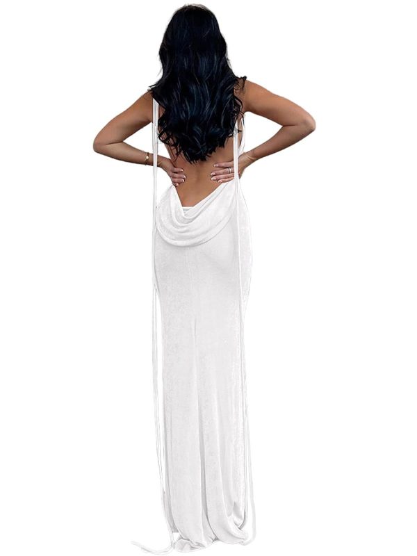 Volemo Slip Bodycon Dresses for Women Spaghetti Strap Lace Up Backless Cowl Neck Maxi Mermaid Cocktail Party Dress