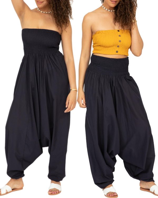 likemary Harem Pants Women Jumpsuits – Maxi Romper Pulls Down into Cotton Boho Pants with Pockets – One Size 2-in-1 Outfit