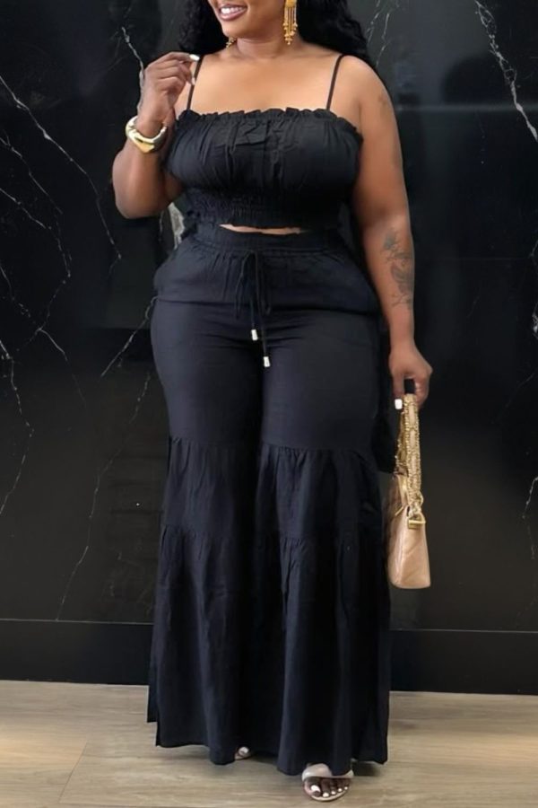 Plus Size Vacation Orange Casual Smocking Two Piece Pant Sets [Pre-Order] Black-3XL/22-24
