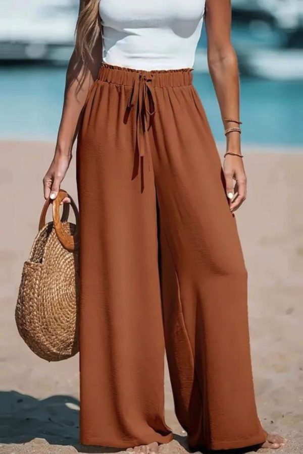 Tie Waist Wide Leg Pants, Casual Solid Color Pants For Spring & Summer