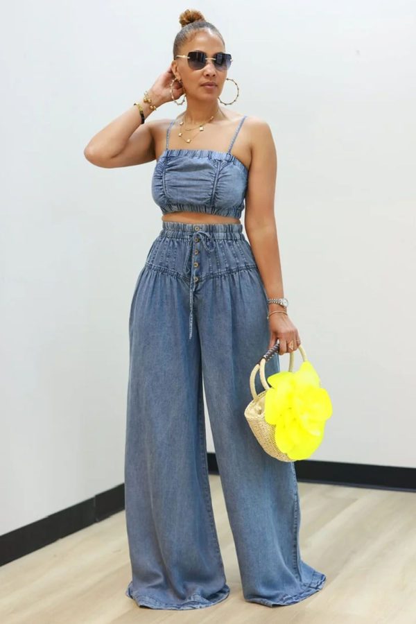 Cami Crop Top Pleated Contrast Wide Leg Pants Denim 2pcs Set-Blue [Pre Order] Blue-M