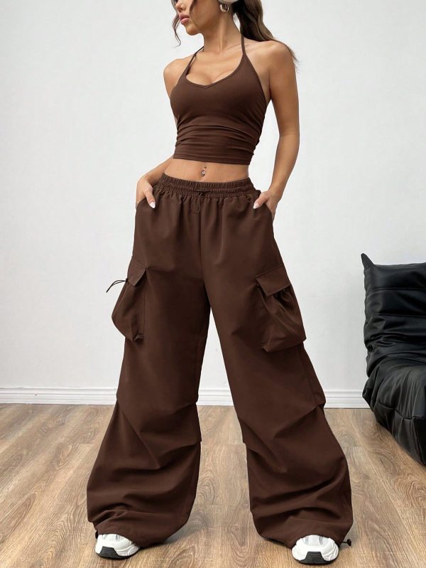 Women's Summer Solid Cropped Halter Tank Top And Harem Pants Casual Suit