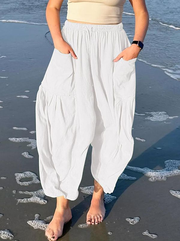 Drawstring Elasticity Pleated Pockets Solid Color High Waisted Loose Trousers Ninth Pants WHITE-L