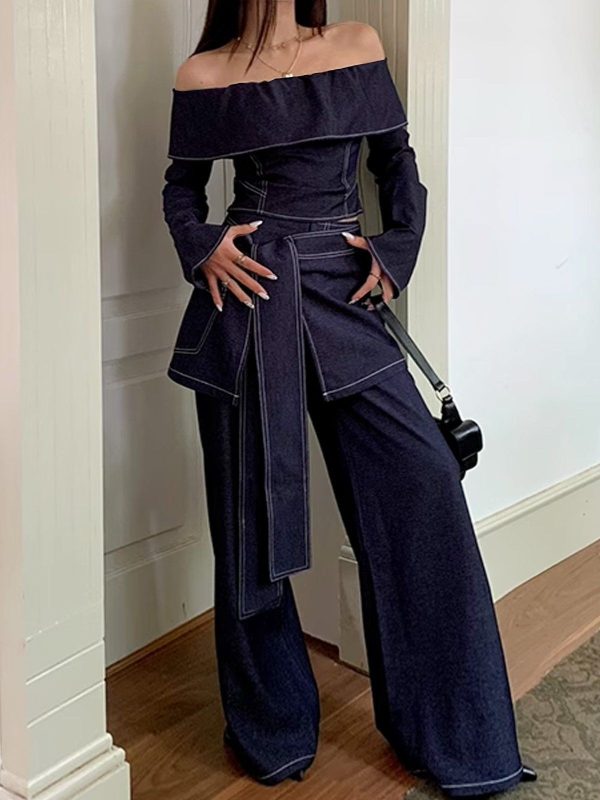 Urban Plain Cold Shoulder Off Shoulder Sleeve Denim Top