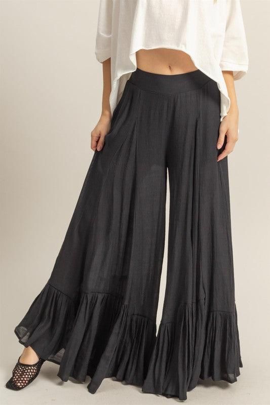 HYFVE High-Waist Ruffle Flared Wide Leg Pants - Black / S