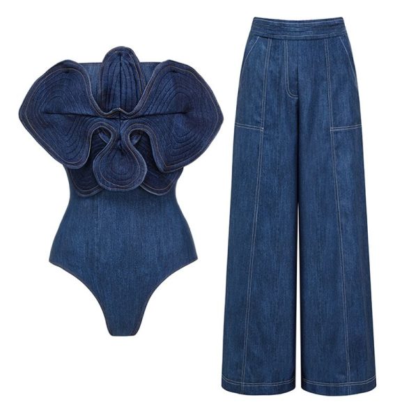 Off Shoulder 3D Flower Printed One Piece Swimsuit and Skirt Swimsuit and pants-M