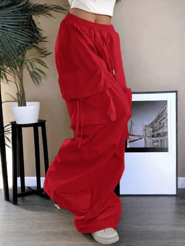 Street High Waist Flap Pocket Drawstring Waist Elastic Hem Ruched Casual Wear Wide Leg Parachute Cargo Pans Y2K Music Festival