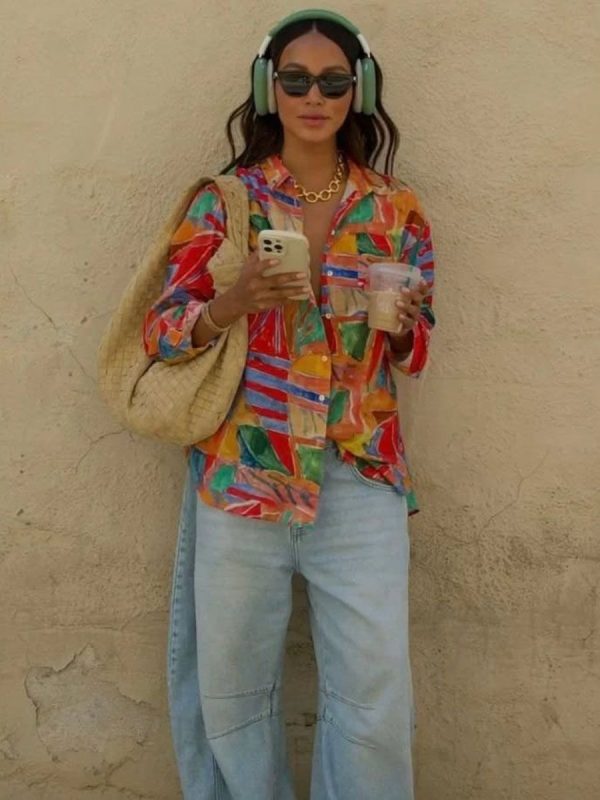 Geometric Color Print Pocket Blouse Women Single Breasted Lapel Collar Long Sleeve Shirt Tops Casual