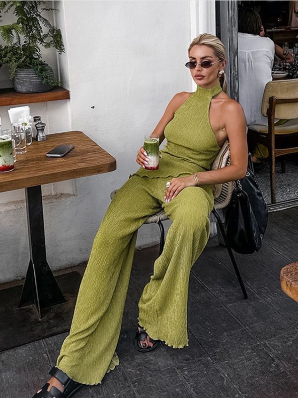 Casual Women Sleeveless Backless Tank Tops Wide Leg Trousers Suit Fashion Halter Vest Long Pants Set
