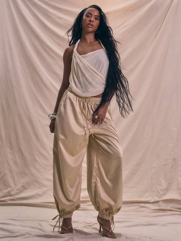 Drawstring Waist Cuffed Woven Harlem Pants Summer Vacation Holiday Spring Beach