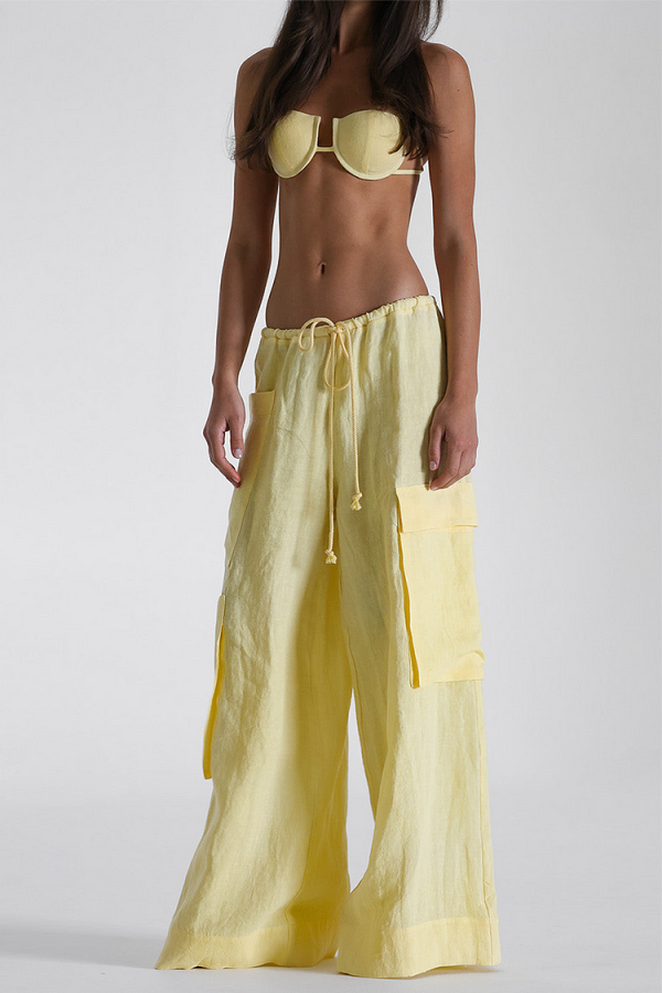 Halter Bra Wide Leg Oversize Pockets Pants Matching Set-Yellow [Pre Order]