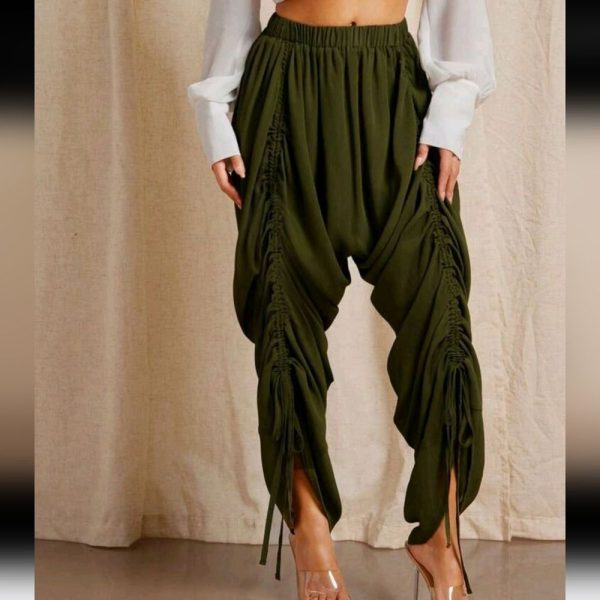 Drawstring Ruched Drop Crotch Harem Pants, Business Casual Women,Office | Color: Green | Size: Various