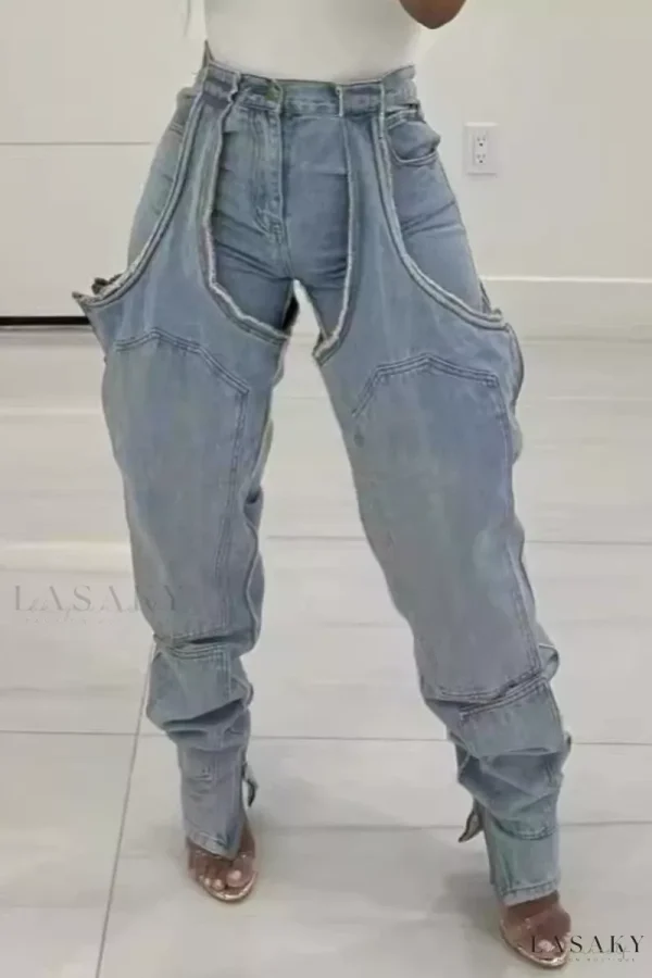 Lasaky - High-Waisted Denim Jeans with Patchwork Pockets, Button Details, and Zipper Slits