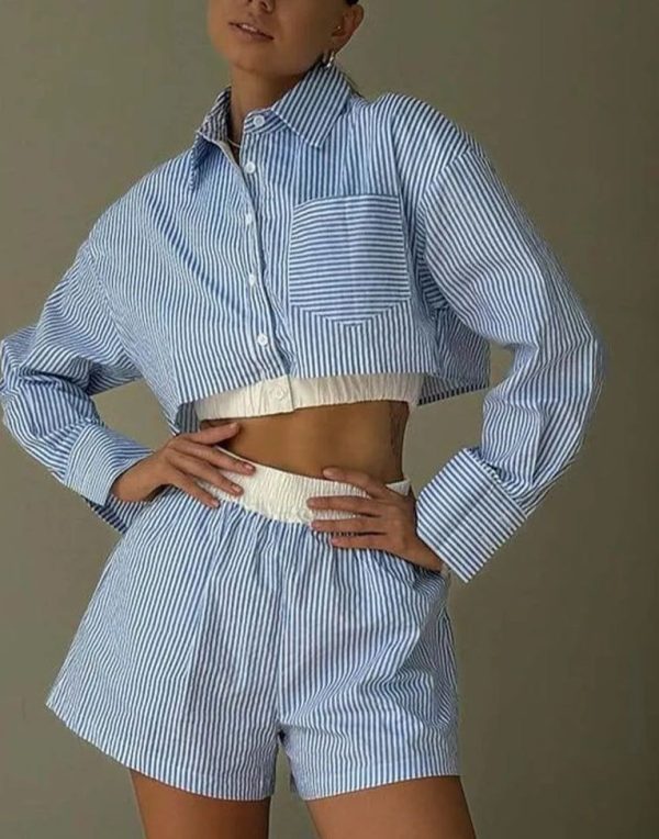 Dark Blue Patchwork Pleated Mini Office Two Piece Set - Blue / L