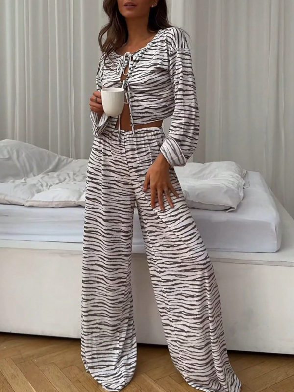 2pcs Women Autumn New Casual Leopard Print Knitted Drawstring Long Sleeve Top And Pants Loungewear Set, Suitable For Home Use,Two Pieces Set