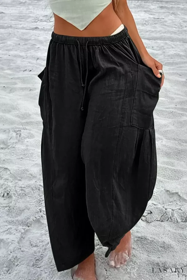 Lasaky - Classic Simplicity: Mid-Waist Wide Leg Bottoms with Pockets - Black, 3XL