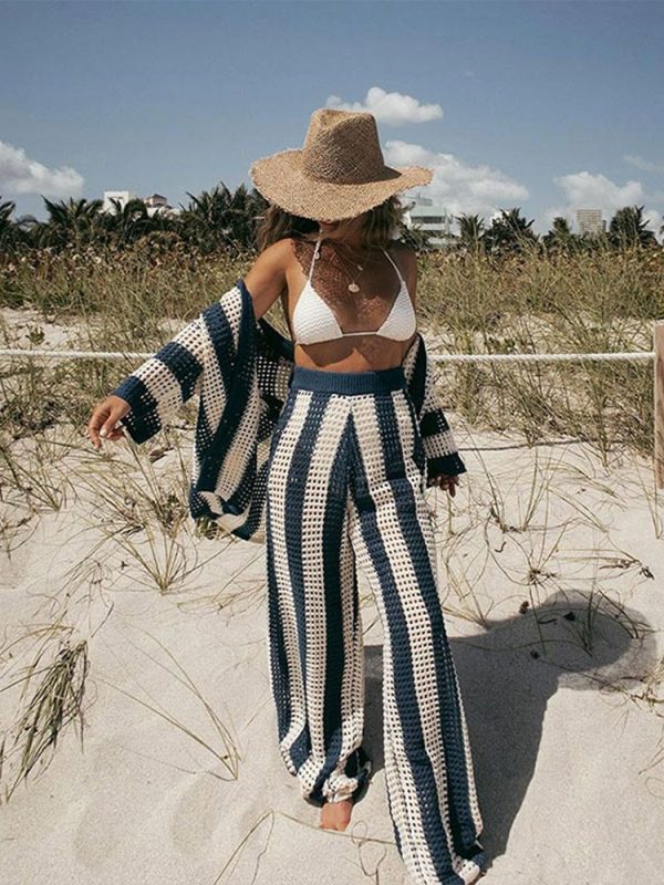 Zingj Women Elegant Knit Stripe Casual Pants Suit Sexy V Neck Hollow Out Half Sleeve Shirt Set 2024 Summer Chic Lady Holiday Beachwear Dark Blue-L