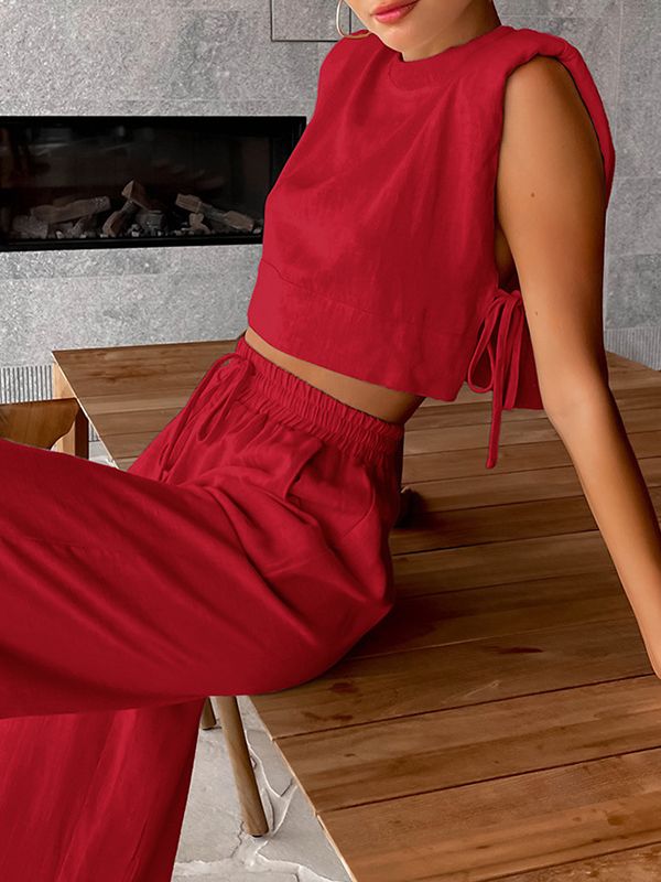 Solid Color Loose Sleeveless Shoulder Pad Tied Round-Neck Vest Top + Drawstring Elasticity Pants Bottom Two Pieces Set RED-S