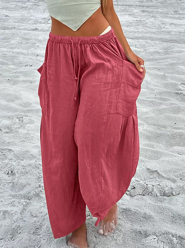 Drawstring Elasticity Pleated Pockets Solid Color High Waisted Loose Trousers Ninth Pants PINK-3XL