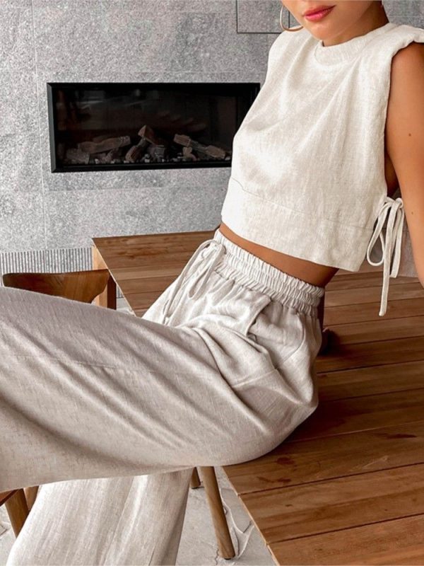 Summer Holiday Women 2 Piece Set Cotton Linen Solid Sleeveless Lace-Up Crop Top Waist Wide Leg Pants