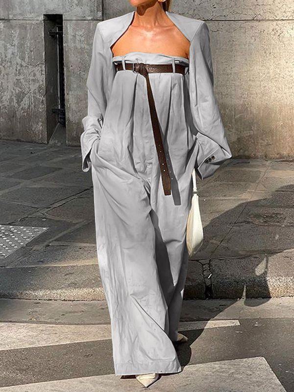 Buttoned Long Sleeves Collarless Outerwear Top + Wide Leg Belted Jumpsuits Two Pieces Set KHAKI-XL