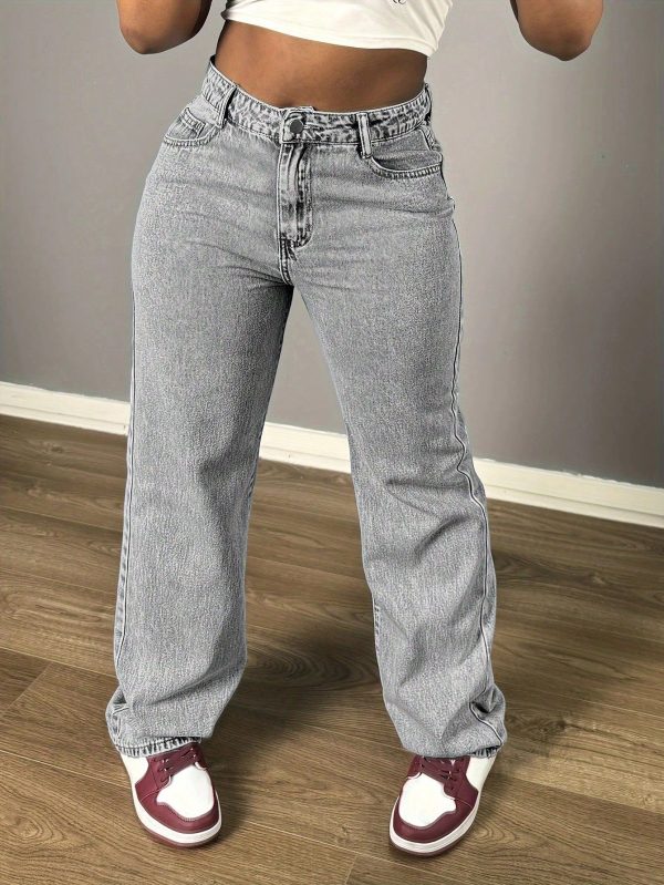 Women's Straight Leg Denim Pants - Elegant Wide Leg Floor-Length Jeans With Button & Zipper, Relaxed Fit Casual Trousers For Everyday Outings