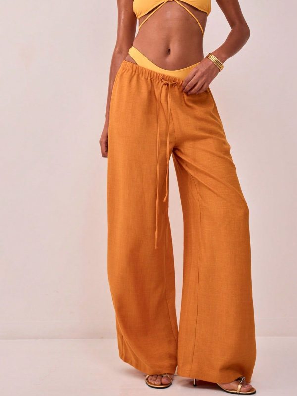 Textured Linen Feel Tie Waist Trouser Vacation Summer