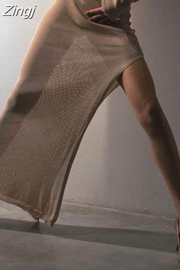 Zingj Summer Beach Knitted 2 Piece Women Suits Hollow Out Tassels Long Sleeve T-shirts Exposed Navel Tops Split Skirts 2023 D Skirt-XL