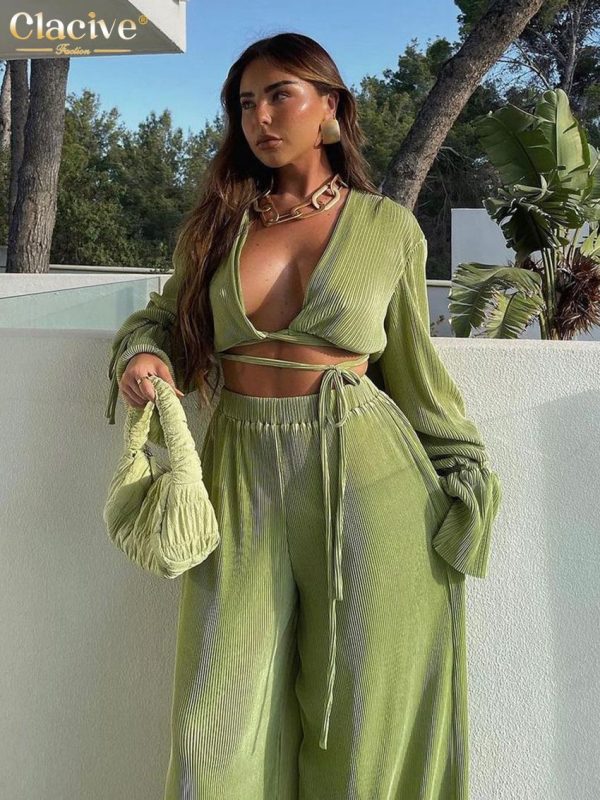 Clacive Sexy Green Pants Set Women Casual Loose Bandage Blouses Shirt Matching Wide Leg Trousers