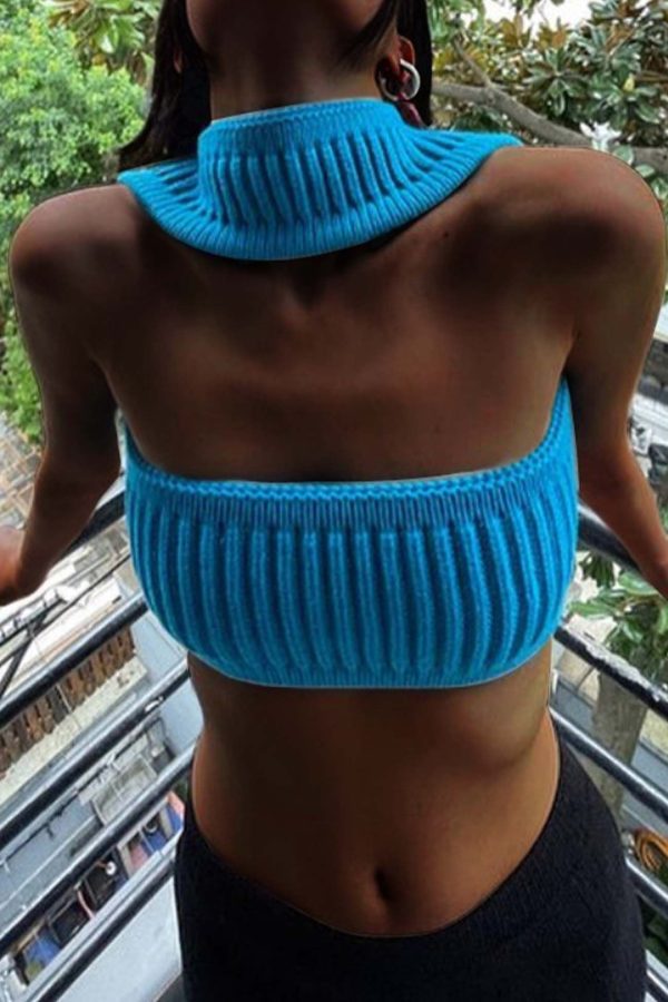 Halterneck Sleeveless Knitted Cropped Top - Blue / S