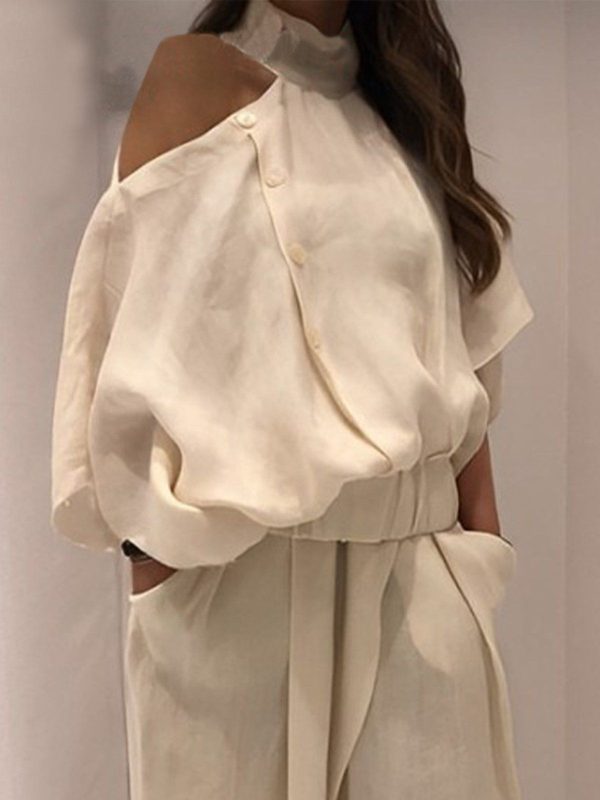 Women Linen Casual Plain Spring/Fall Halter No Elasticity Cotton And Linen Three Quarter Sleeve Regular Regular Blouses