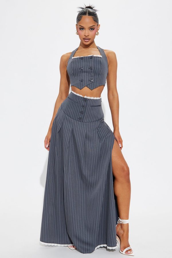 Women's Priscilla Pinstripe Vest Skirt Set Combo in Grey Size 3X