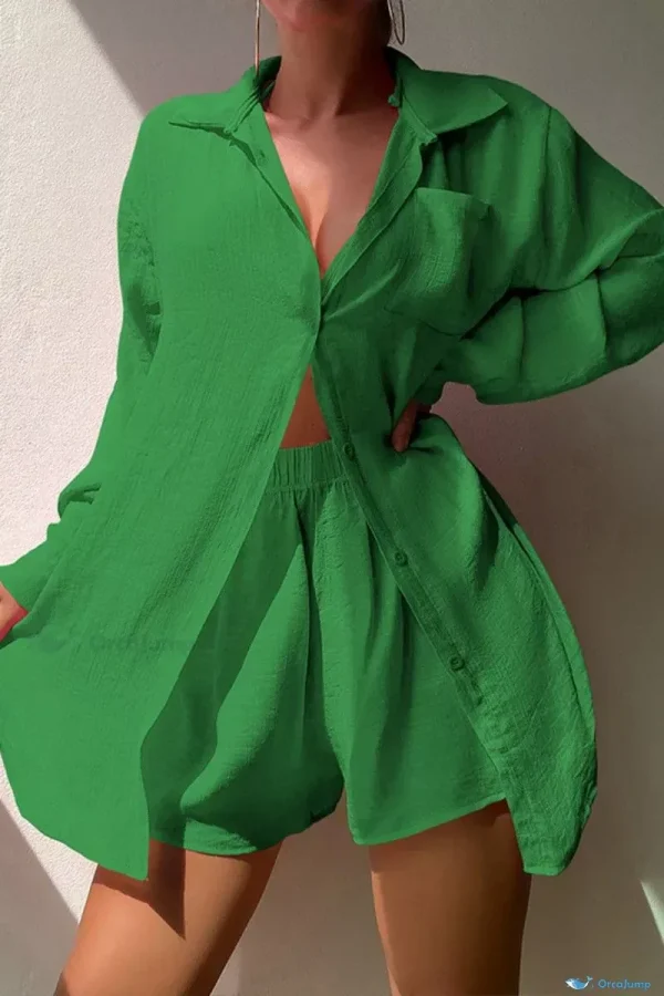 OrcaJump - Elegante Camisa Sólida Casual Verde - Manga Larga con Cuello de Camisa Clásica, Juego de Dos - Verde, L