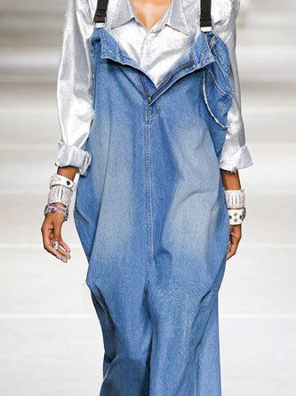 Women Casual Plain Spring/Fall Natural No Elasticity Loose Straight pants Long Pocket Stitching Denim Bib Pants