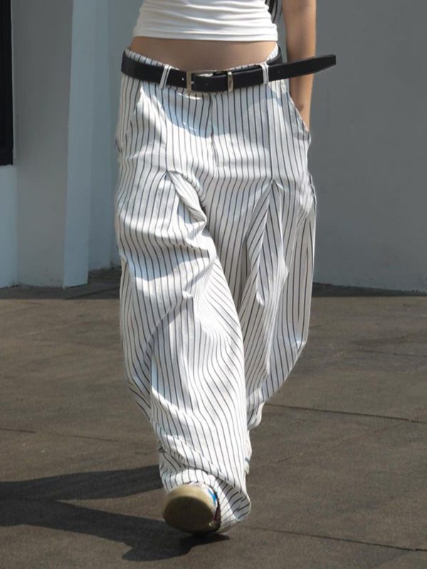 Weekeep Women's Striped Print Suit Pants Casual Button Up Low Rise Loose Wide Leg Pants Streetwear