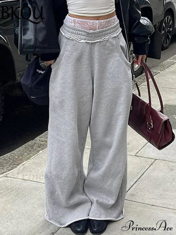 Gray Sweatpants Harajuku Wide Leg Joggers Waist Pocket Baggy Pants - Gray L