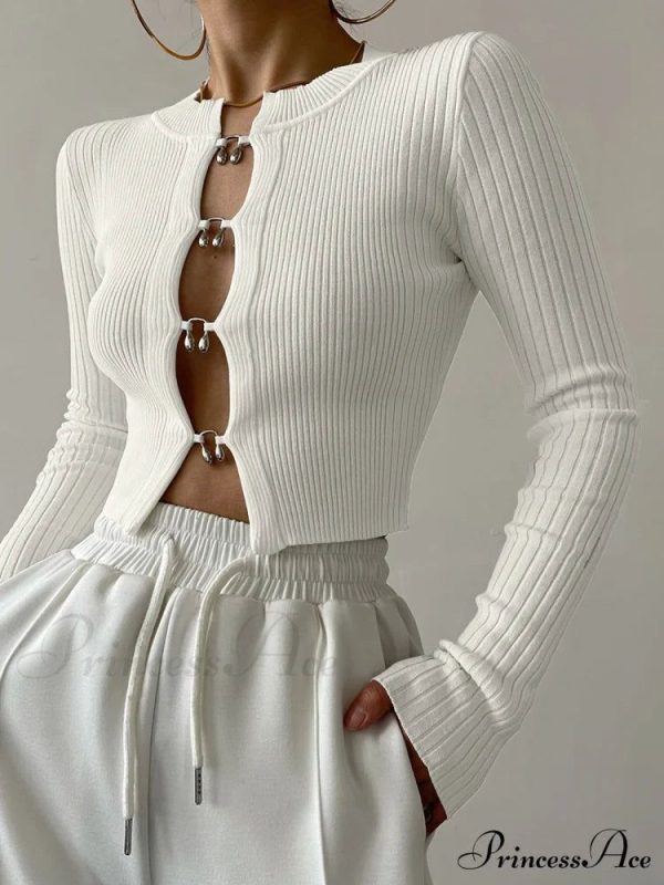 Cutout Split Beads Trendy Detail Ribbed Knit Top - White S